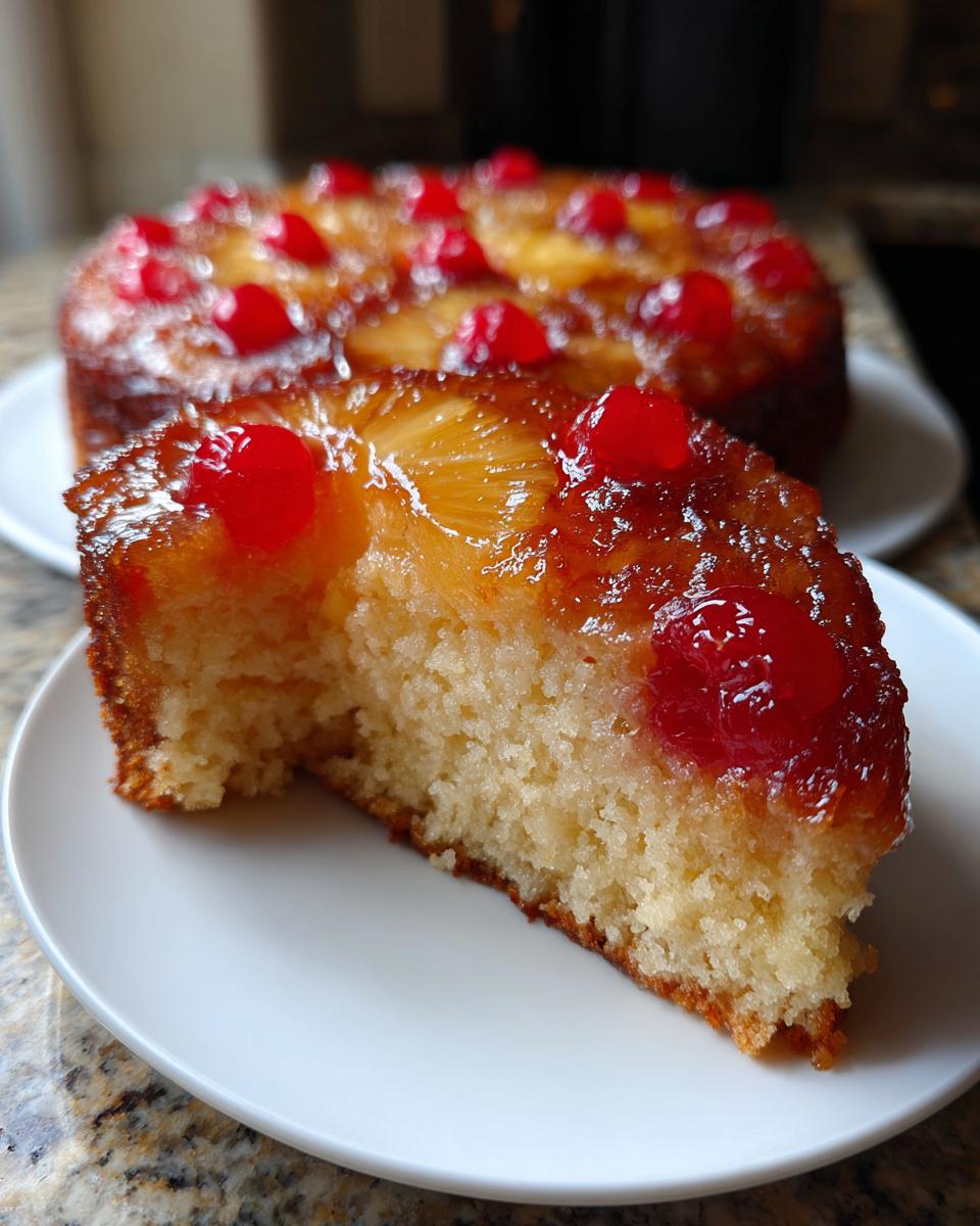 A close-up slice of moist pineapple upside down cake topped with caramelized pineapple and bright red maraschino cherries.