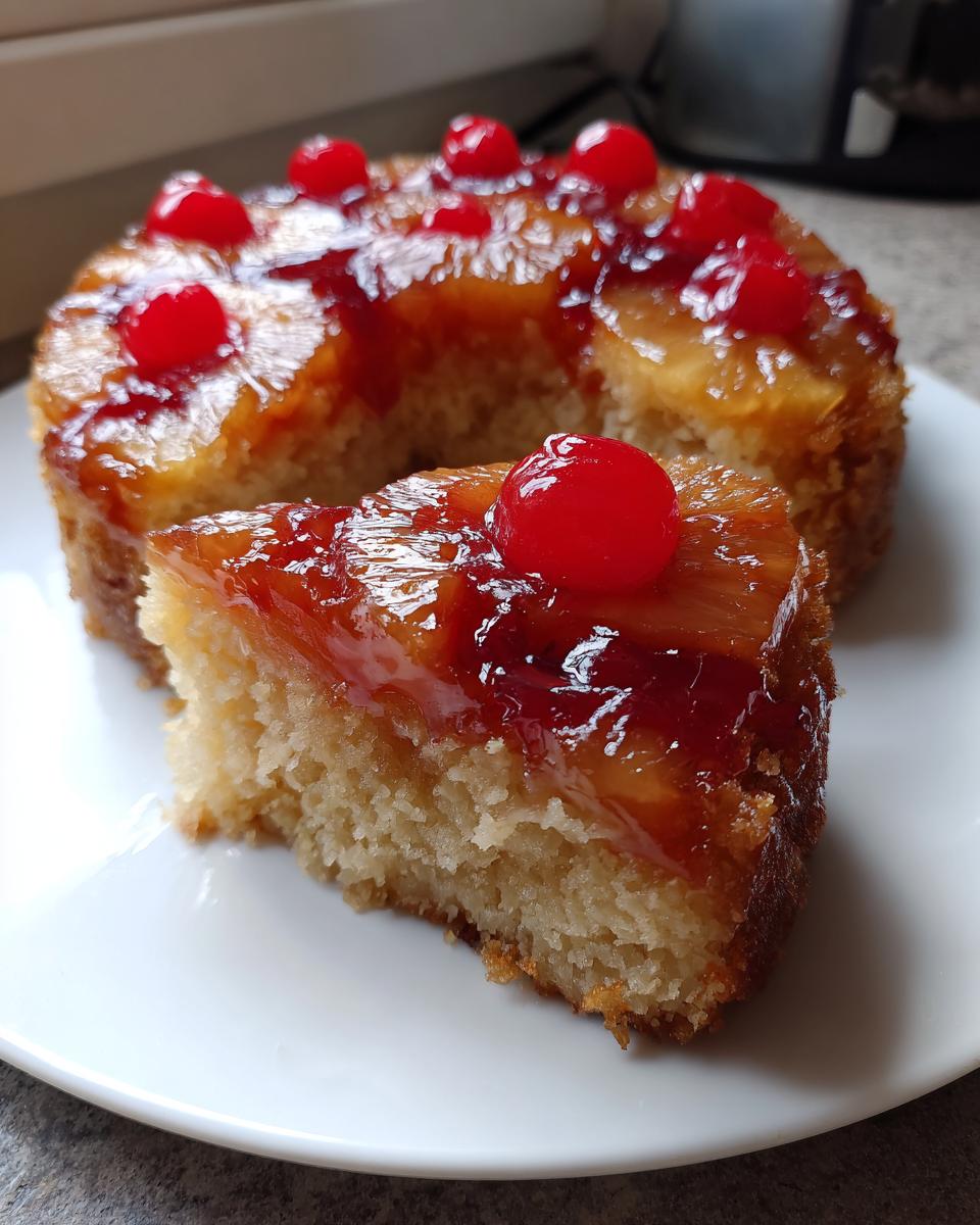 A slice of moist pineapple upside down cake topped with caramelized pineapple and a bright red maraschino cherry.