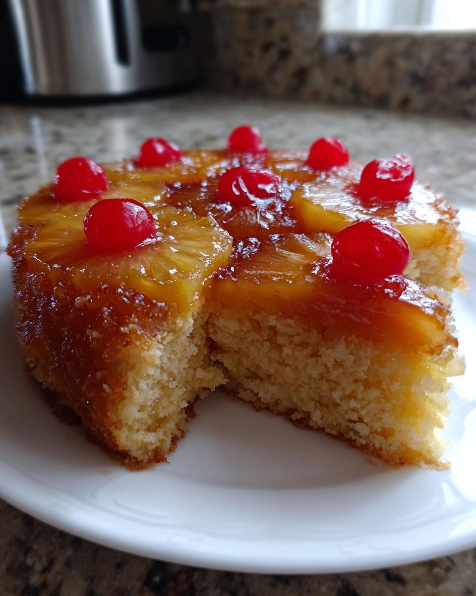 A slice removed from a homemade pineapple upside down cake, showing the moist crumb and caramelized topping with pineapple rings and maraschino cherries.