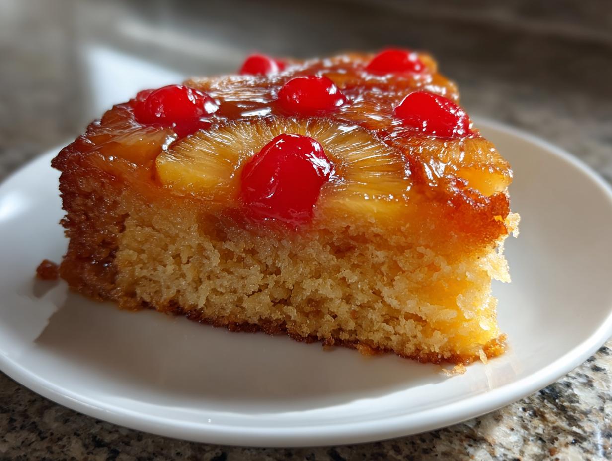 Close-up of a moist slice of pineapple upside down cake topped with caramelized pineapple rings and bright red cherries.