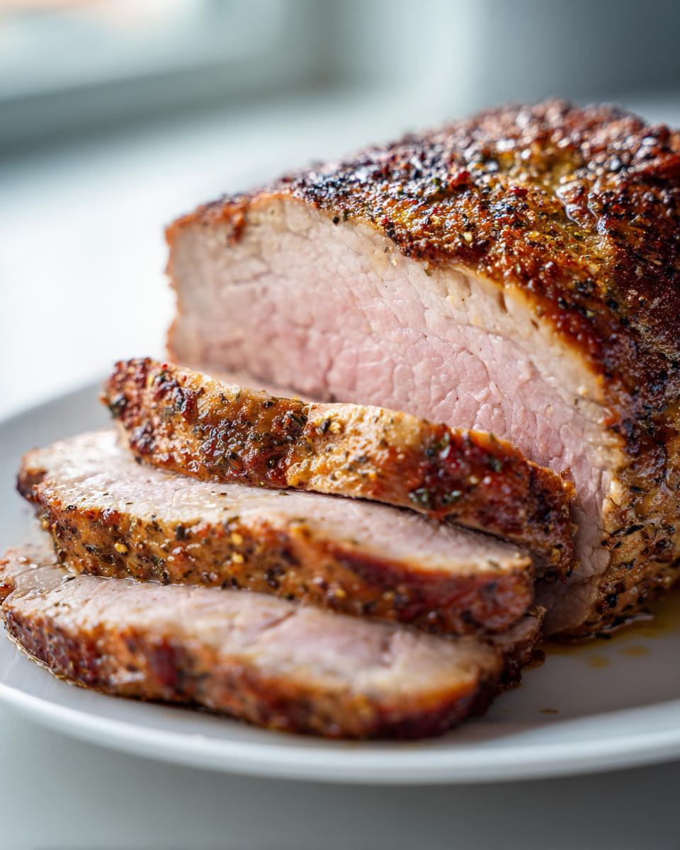 Close-up of a juicy, perfectly cooked pork loin roast, sliced to show the pink interior and seasoned crust.