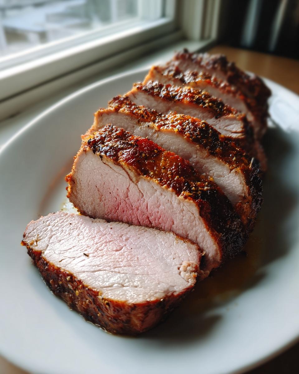 Close-up of a perfectly cooked pork loin roast, sliced to show juicy pink center and seasoned crust.