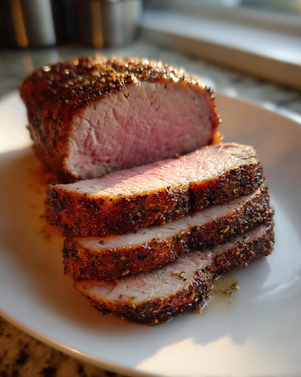 Close-up of a juicy pork loin roast, sliced to show the perfectly pink interior and seasoned crust.