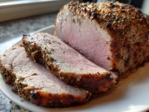 Close-up of a perfectly cooked pork loin roast, sliced to show the juicy pink interior and seasoned crust.