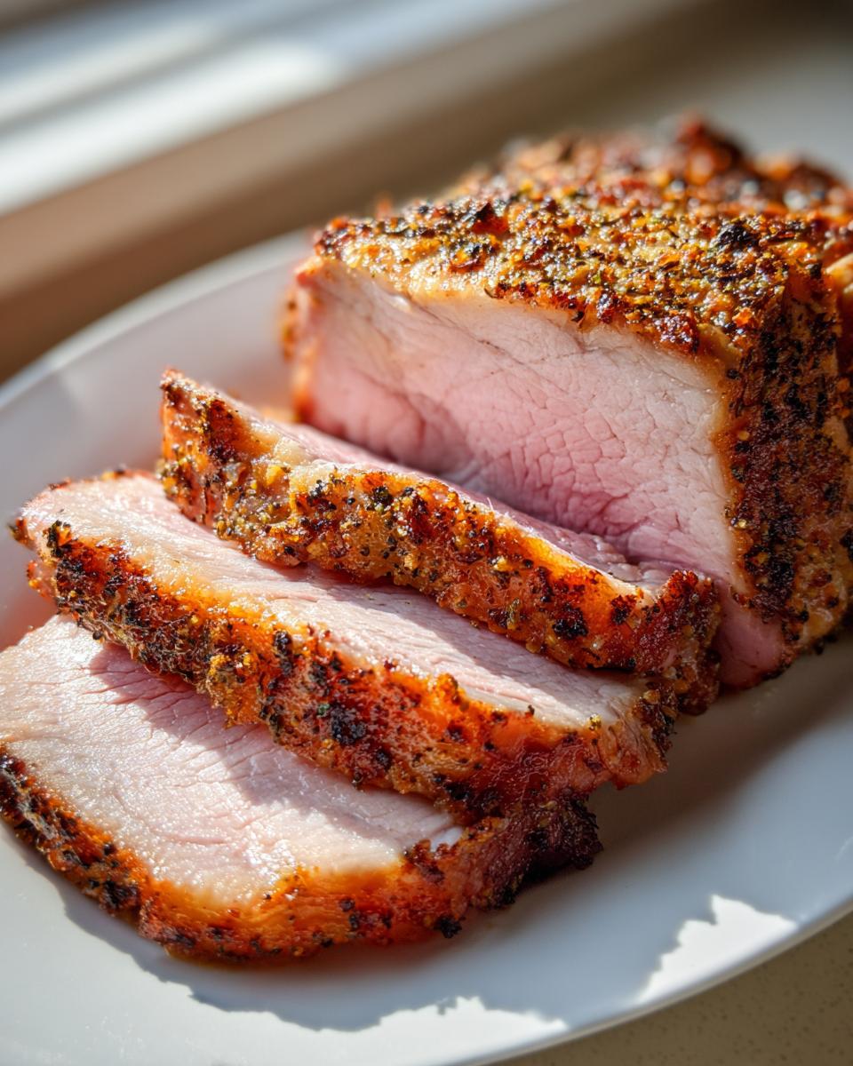 Close-up of three thick slices of juicy pork loin roast with a dark, seasoned crust on a white plate.