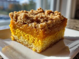 A close-up, sunlit shot of a square slice of pumpkin crunch dessert showing the cake base, creamy pumpkin layer, and crumb topping.