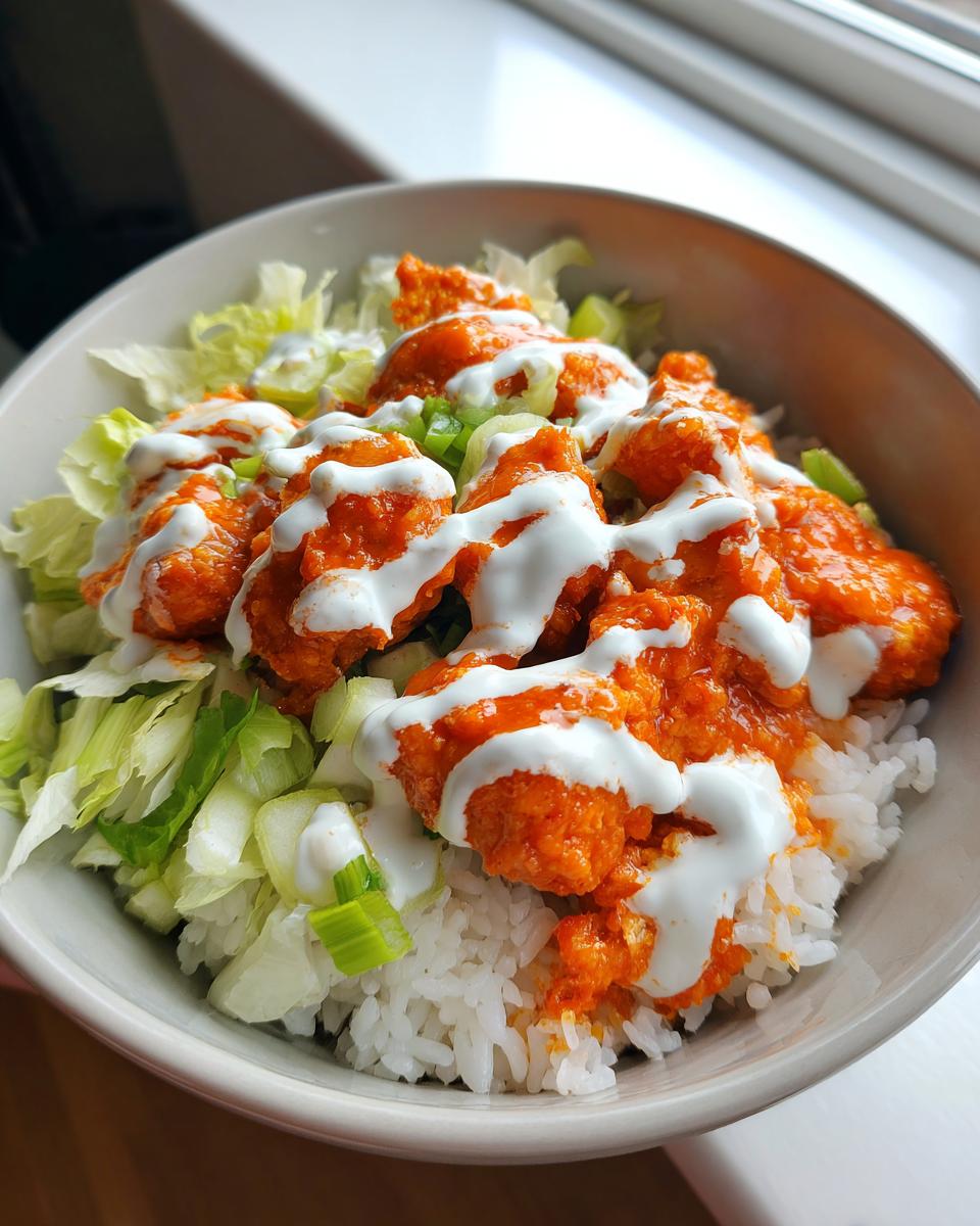 A close-up of a buffalo chicken bowl featuring orange sauced chicken pieces over white rice, topped with ranch dressing and chopped lettuce.