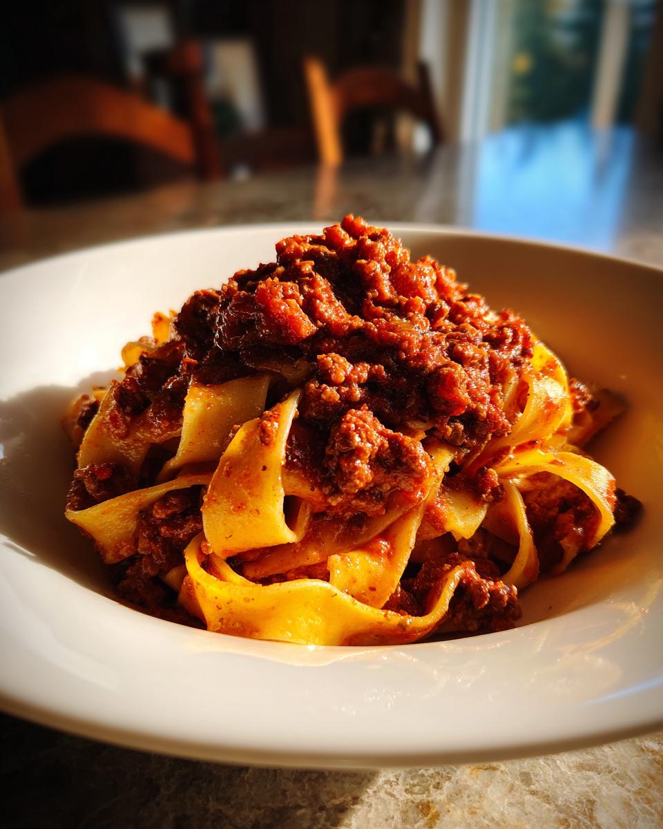 A close-up of rich, slow-cooked bolognese sauce generously piled atop wide pappardelle pasta in a white bowl.