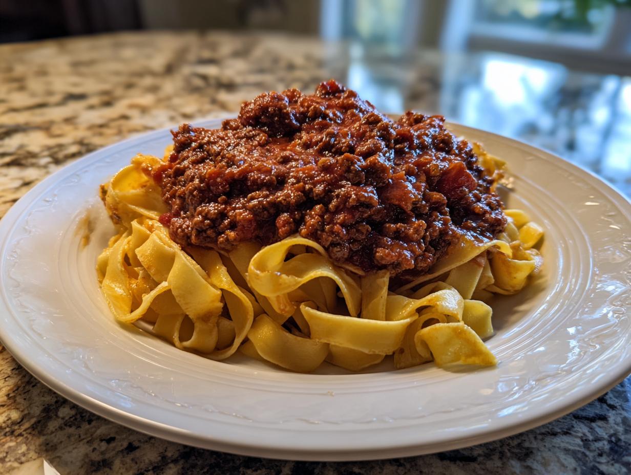 A generous serving of rich bolognese sauce topping wide egg noodles on a white plate.