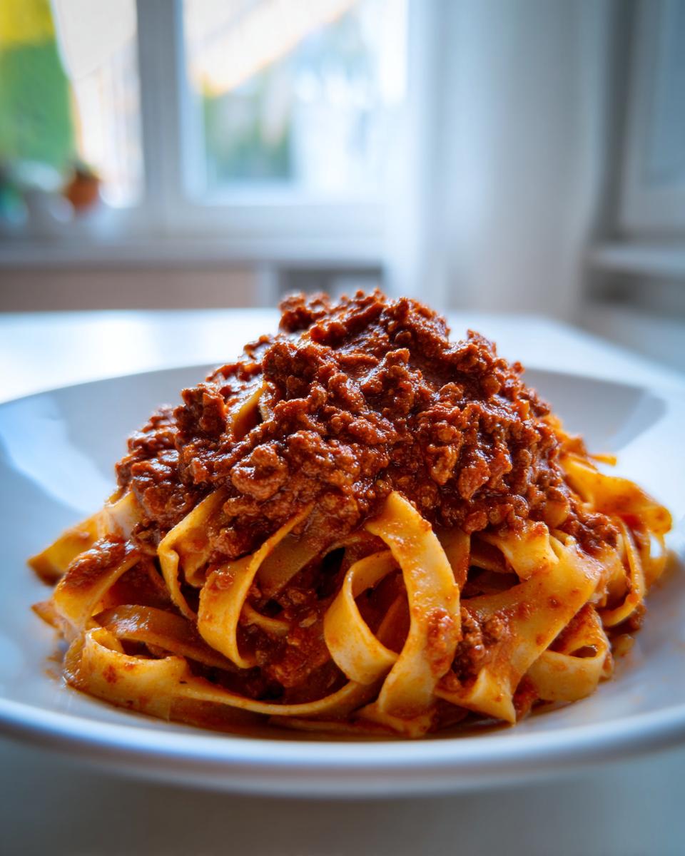 A close-up of fresh tagliatelle pasta generously topped with rich, slow-cooked bolognese sauce.