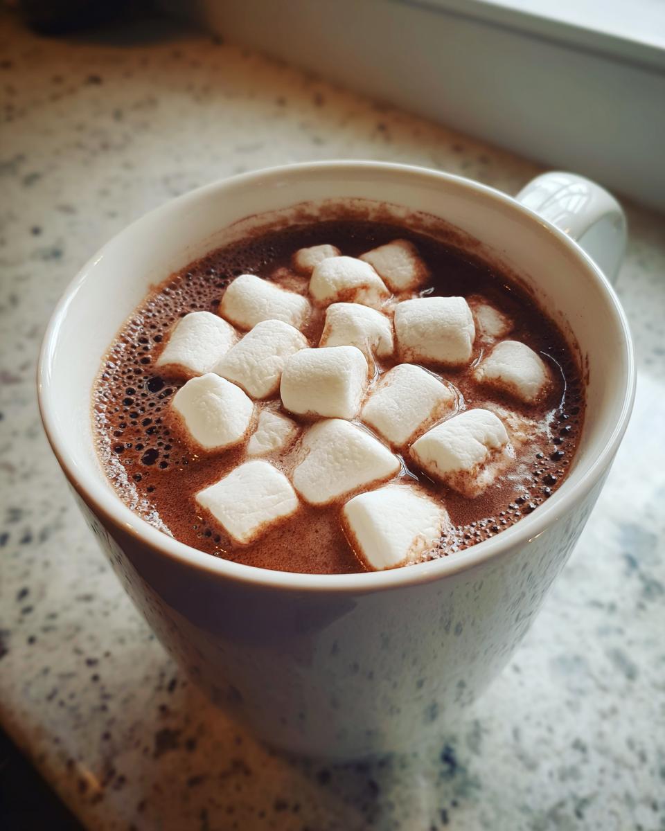 Close-up of a mug filled with rich hot chocolate topped generously with fluffy white marshmallows.