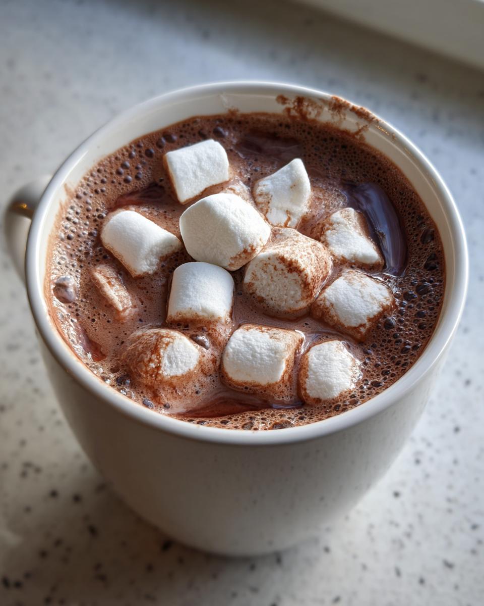 Close-up of a mug filled with rich hot chocolate topped with fluffy white marshmallows.