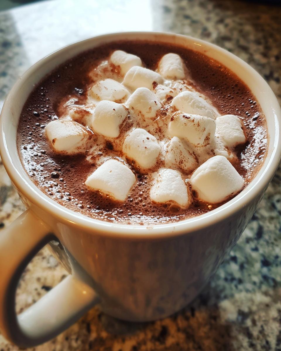 Close-up of a mug filled with rich hot chocolate topped generously with melting marshmallows and a dusting of cocoa.