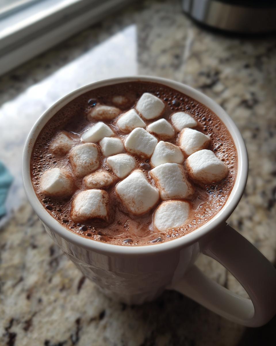 Close-up of a steaming mug of rich hot chocolate generously topped with fluffy white marshmallows.