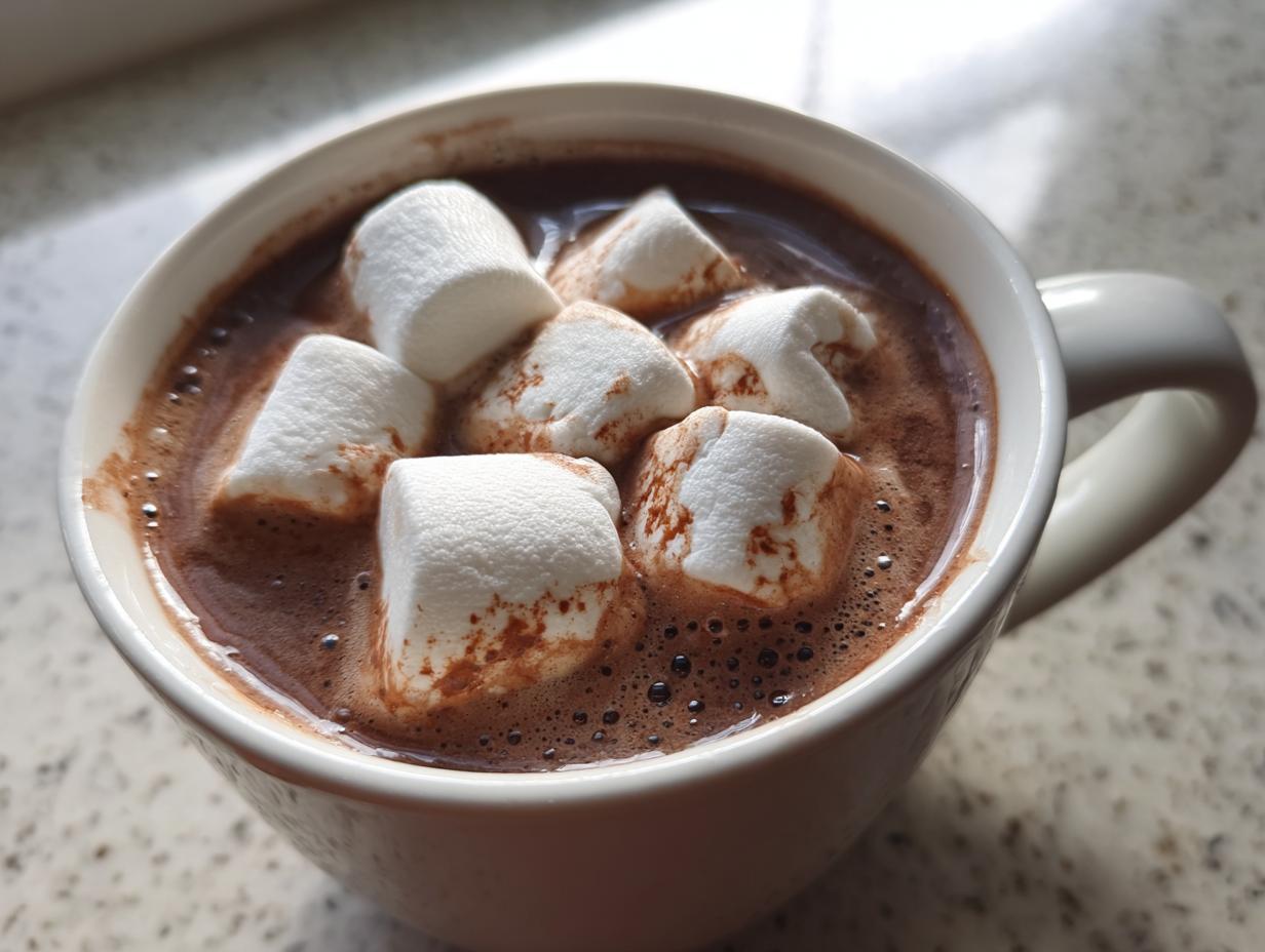 Close-up of a mug filled with rich hot chocolate topped with melting white marshmallows.
