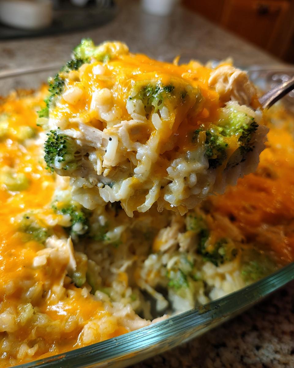 A spoonful of creamy chicken broccoli rice casserole topped with melted cheddar cheese being lifted from the baking dish.