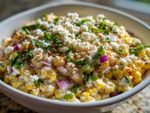 A close-up, vibrant image of a creamy street corn salad topped with crumbled white cheese and fresh cilantro.