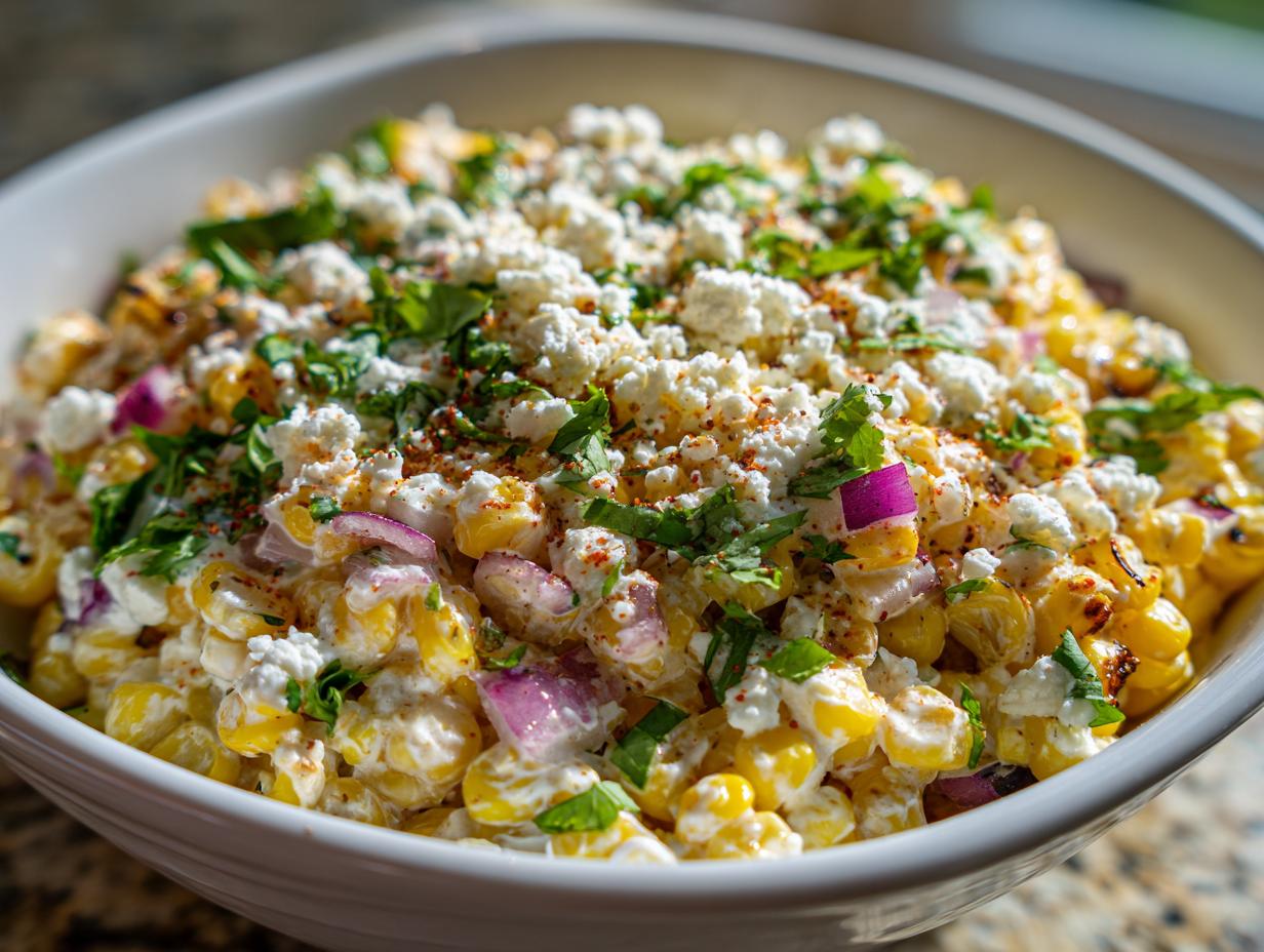 A close-up, vibrant image of a creamy street corn salad topped with crumbled white cheese and fresh cilantro.