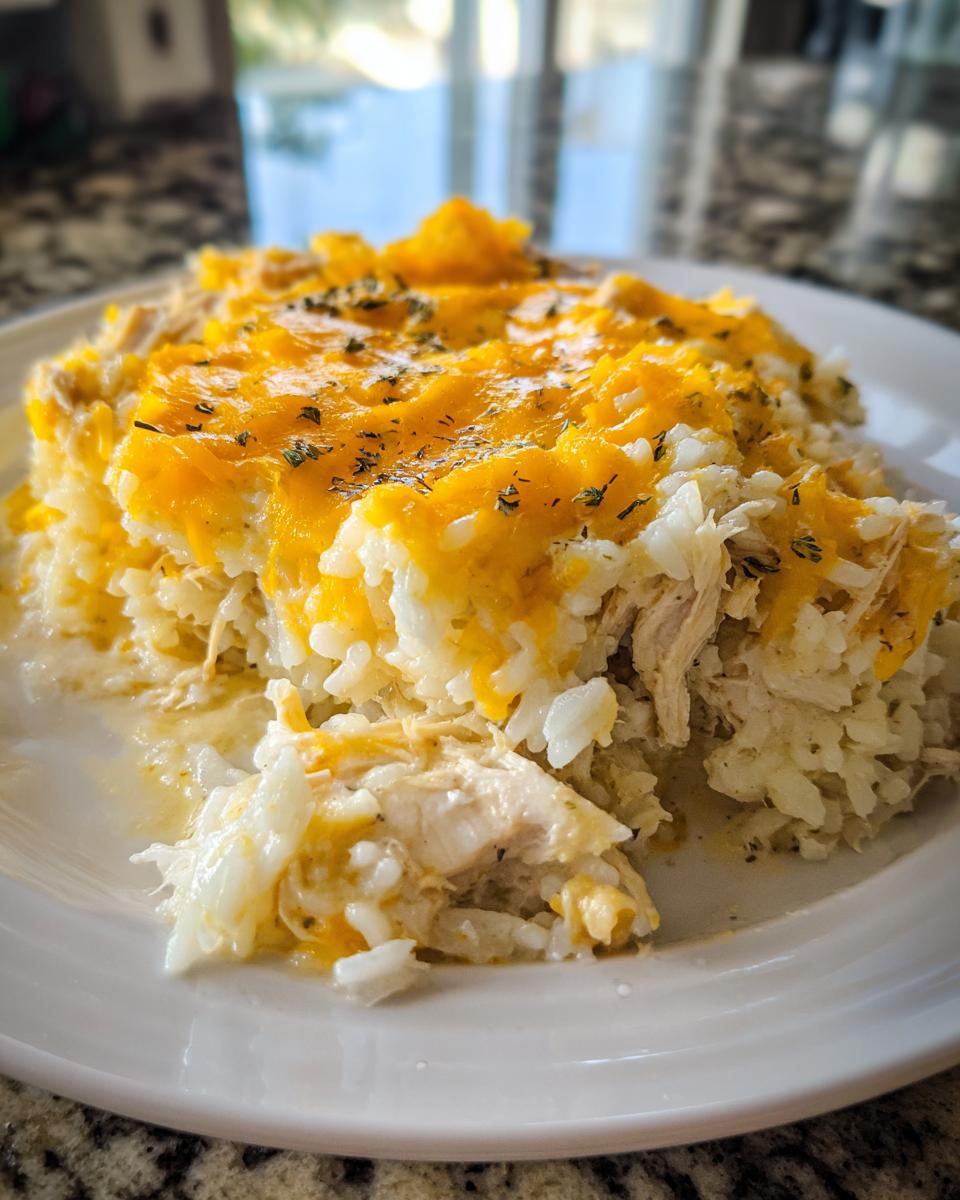 A close-up serving of creamy crock pot chicken and rice topped with melted cheddar cheese and herbs.