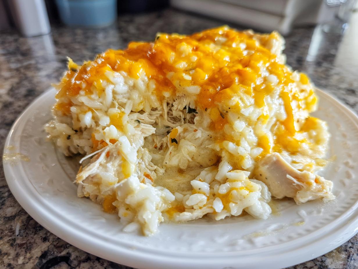 A close-up serving of creamy crock pot chicken and rice topped generously with melted orange cheddar cheese.