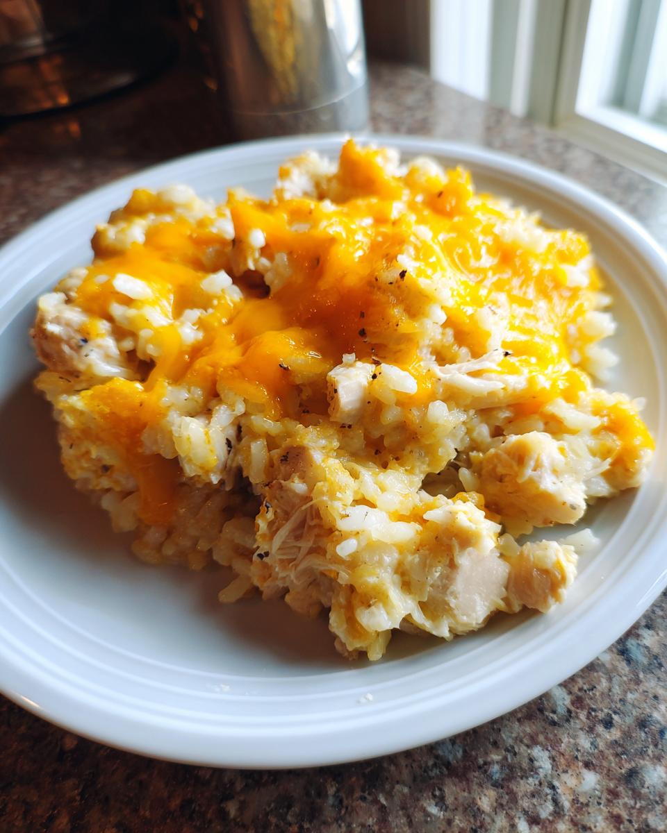 A serving of creamy crock pot chicken and rice topped with melted cheddar cheese on a white plate.