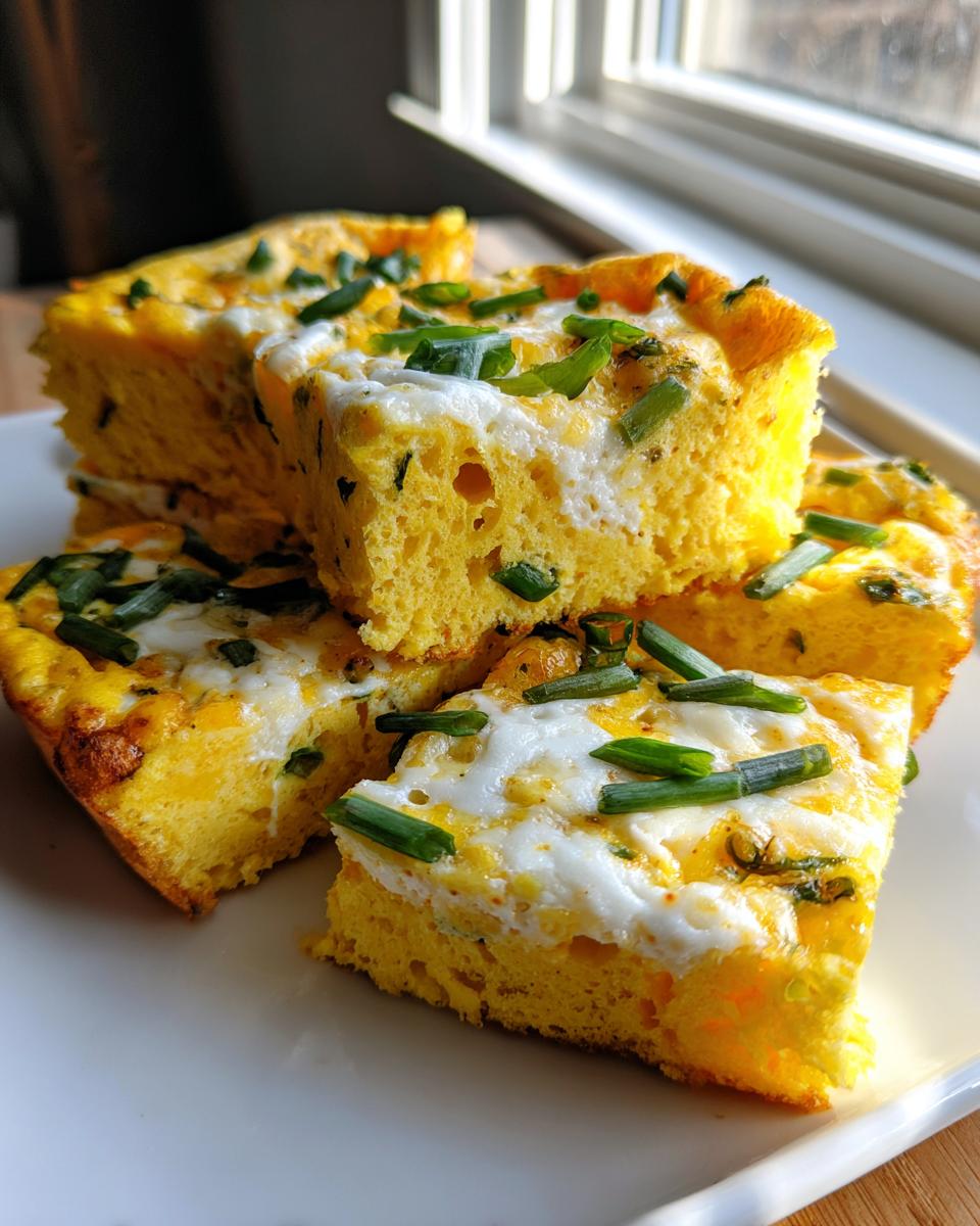 Close-up of thick, fluffy portions of sheet pan eggs, golden yellow and topped with fresh green chives.