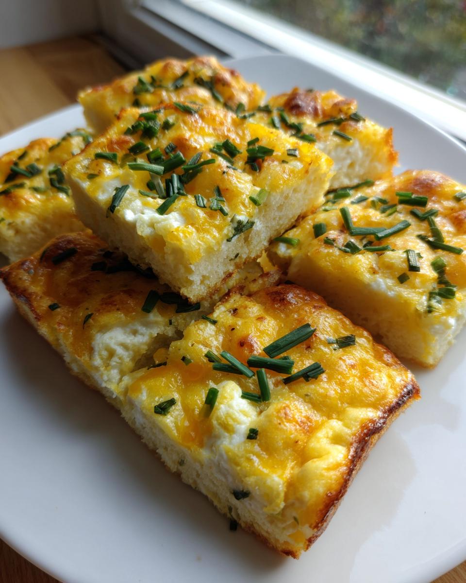 Close-up of several square portions of baked sheet pan eggs topped with melted cheddar cheese and fresh chives.