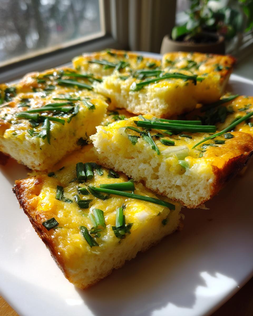 Close-up of several square slices of fluffy sheet pan eggs, garnished generously with fresh green chives.