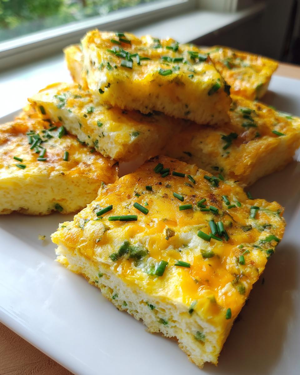 Slices of fluffy sheet pan eggs topped with melted cheddar cheese and fresh green chives, stacked on a white plate.