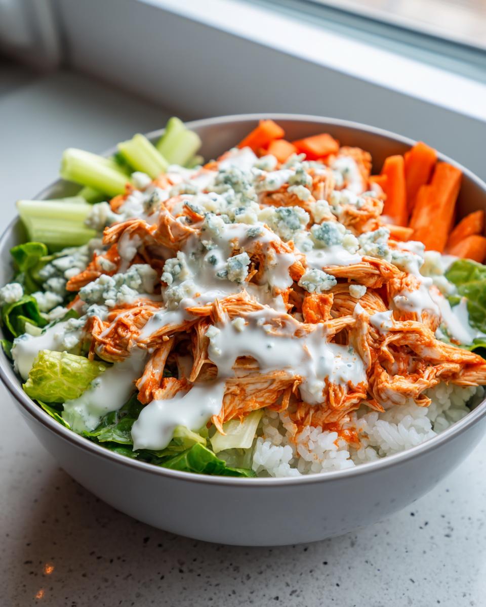 A bowl filled with white rice, lettuce, shredded buffalo chicken, carrots, celery, blue cheese crumbles, and ranch dressing.