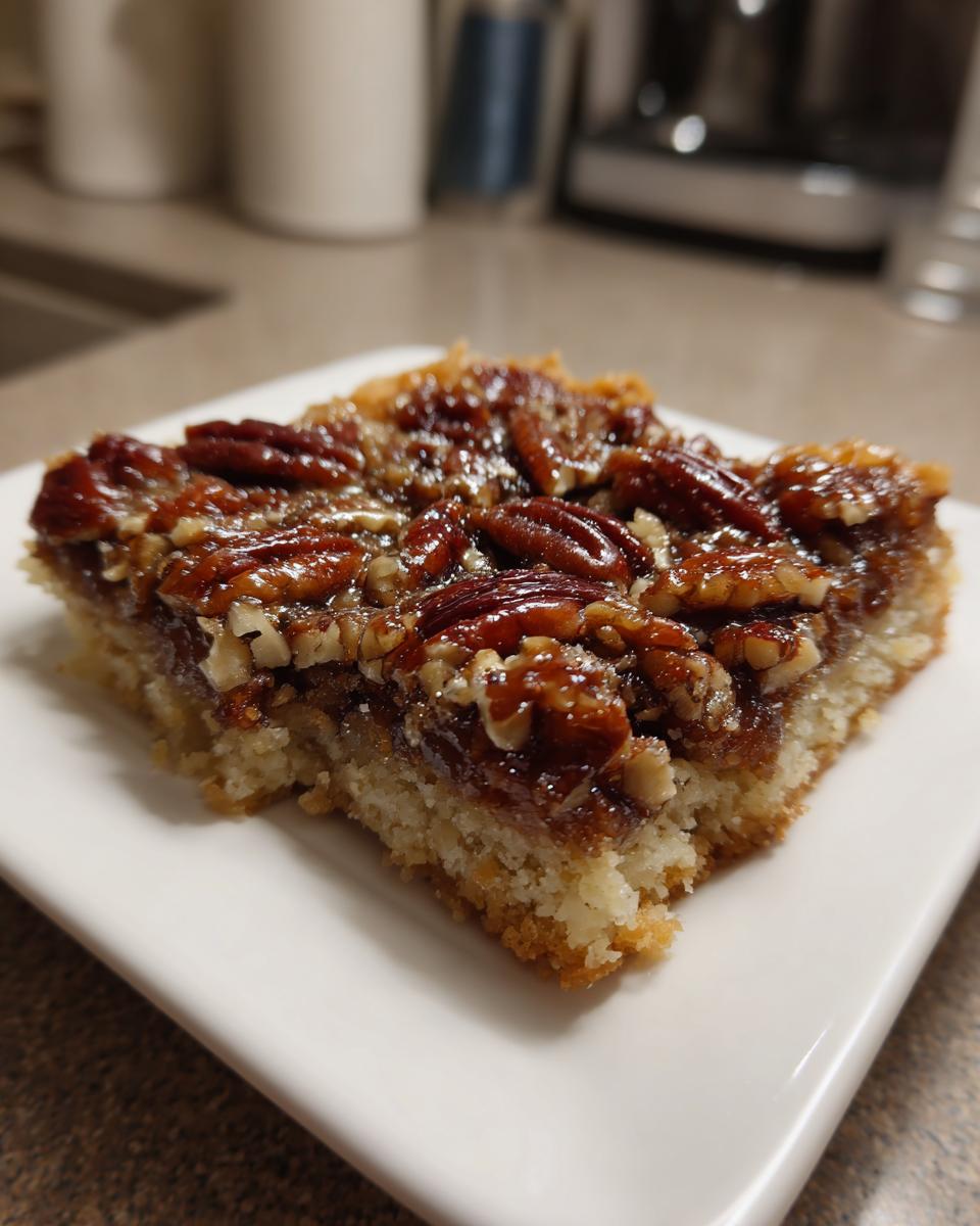 A close-up of a single, gooey pecan pie bars square served on a white plate.
