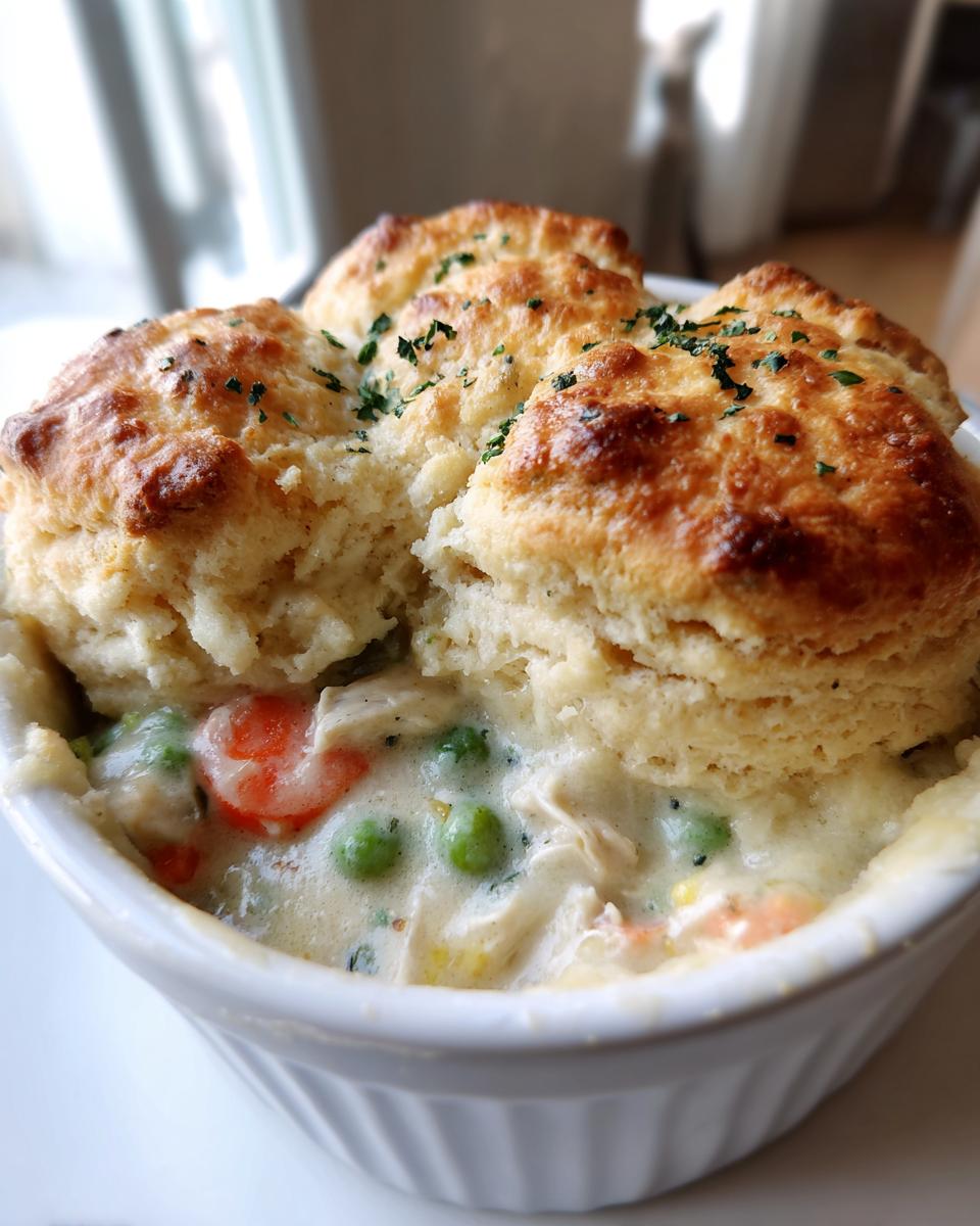 Close-up of a single serving chicken pot pie casserole in a white ramekin topped with golden biscuits and parsley.