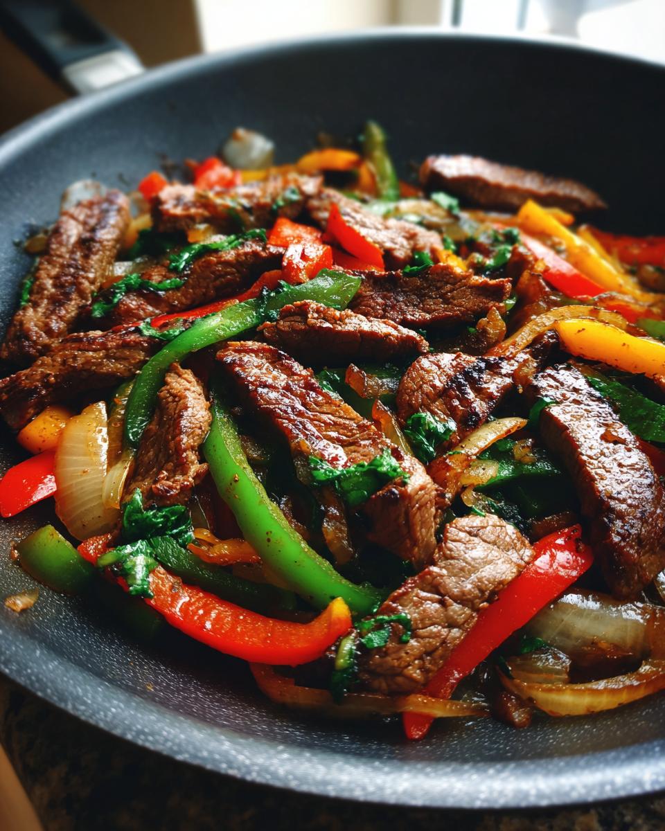Close-up of sizzling steak fajitas with strips of seared beef, green, red, and yellow bell peppers, and onions in a dark skillet.