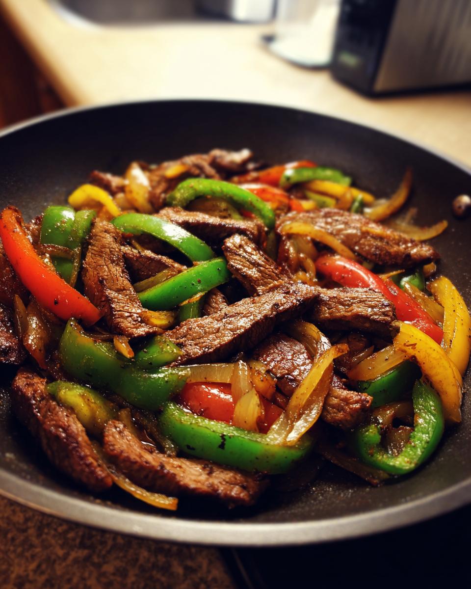 Close-up of seasoned steak strips cooking with colorful bell peppers and onions for steak fajitas in a black skillet.