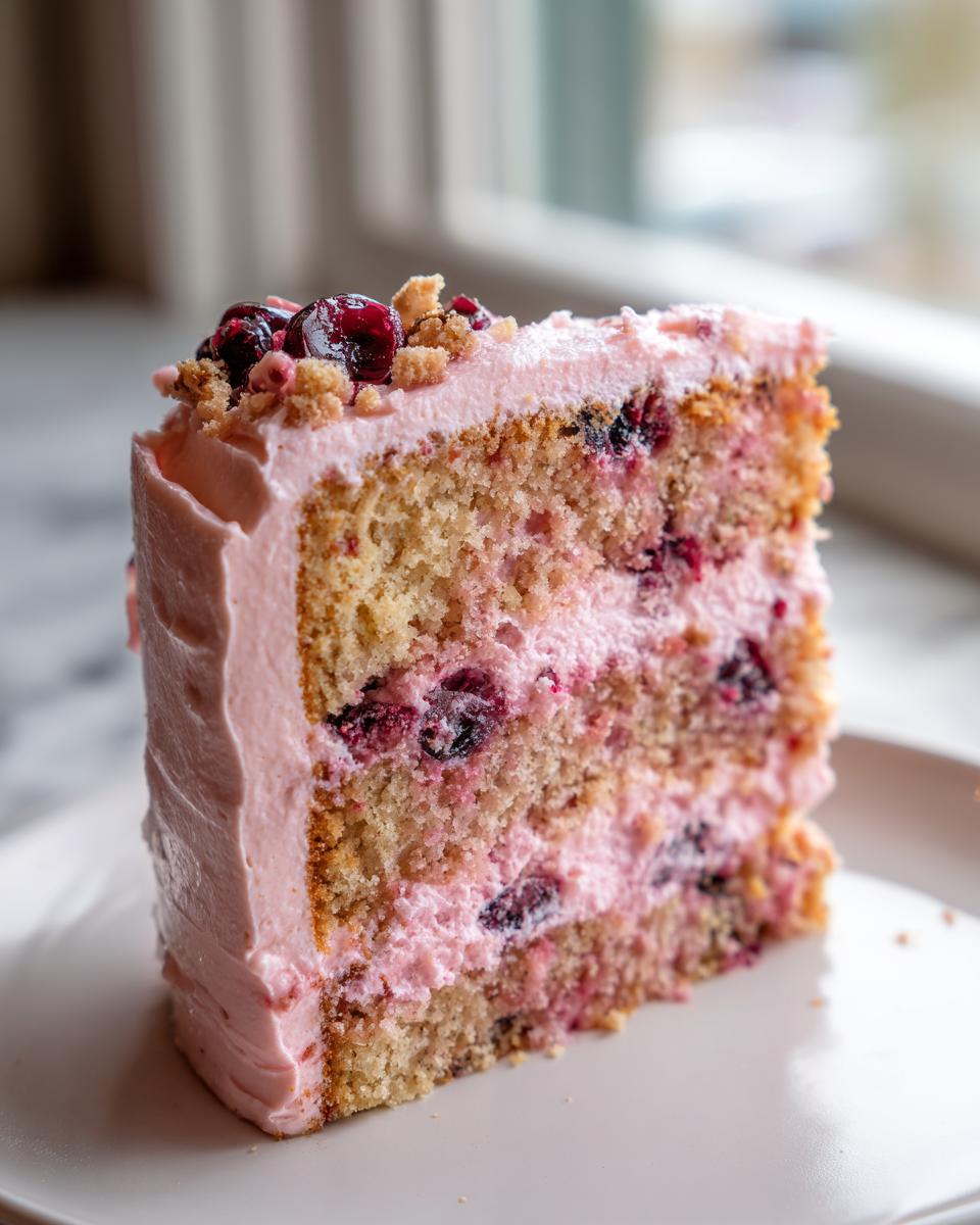 A tall slice of amazing 1-layer cherry cake featuring layers of light sponge, pink cherry frosting, and whole cherries on top.