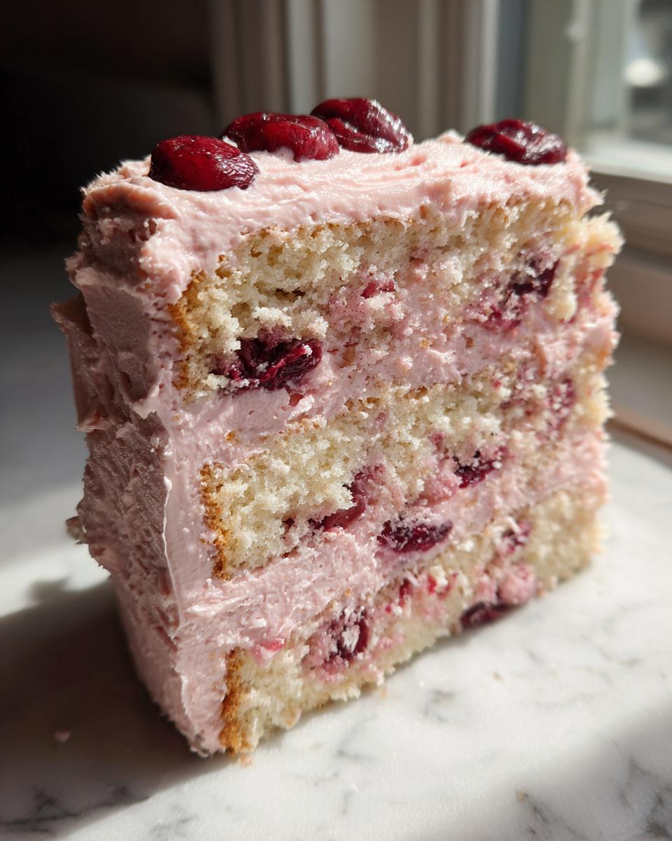 Close-up of a tall slice of amazing 1-layer cherry cake showing layers of light sponge, pink cherry filling, and frosting, topped with whole cherries.