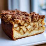 Close-up of a thick slice of apple crumb cake showing a dense layer of spiced apples and a sugary crumb topping.