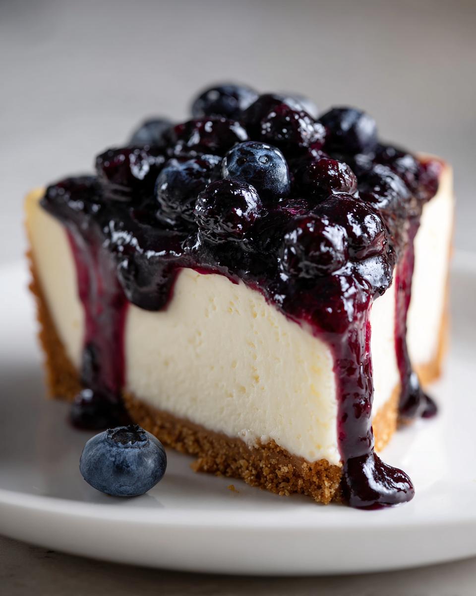 A rich slice of creamy blueberry cheesecake topped with thick blueberry sauce and fresh blueberries.