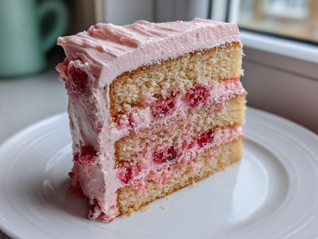Close-up of a moist slice of 1-layer cherry cake featuring two layers of cake separated by pink cherry filling and covered in pink frosting.