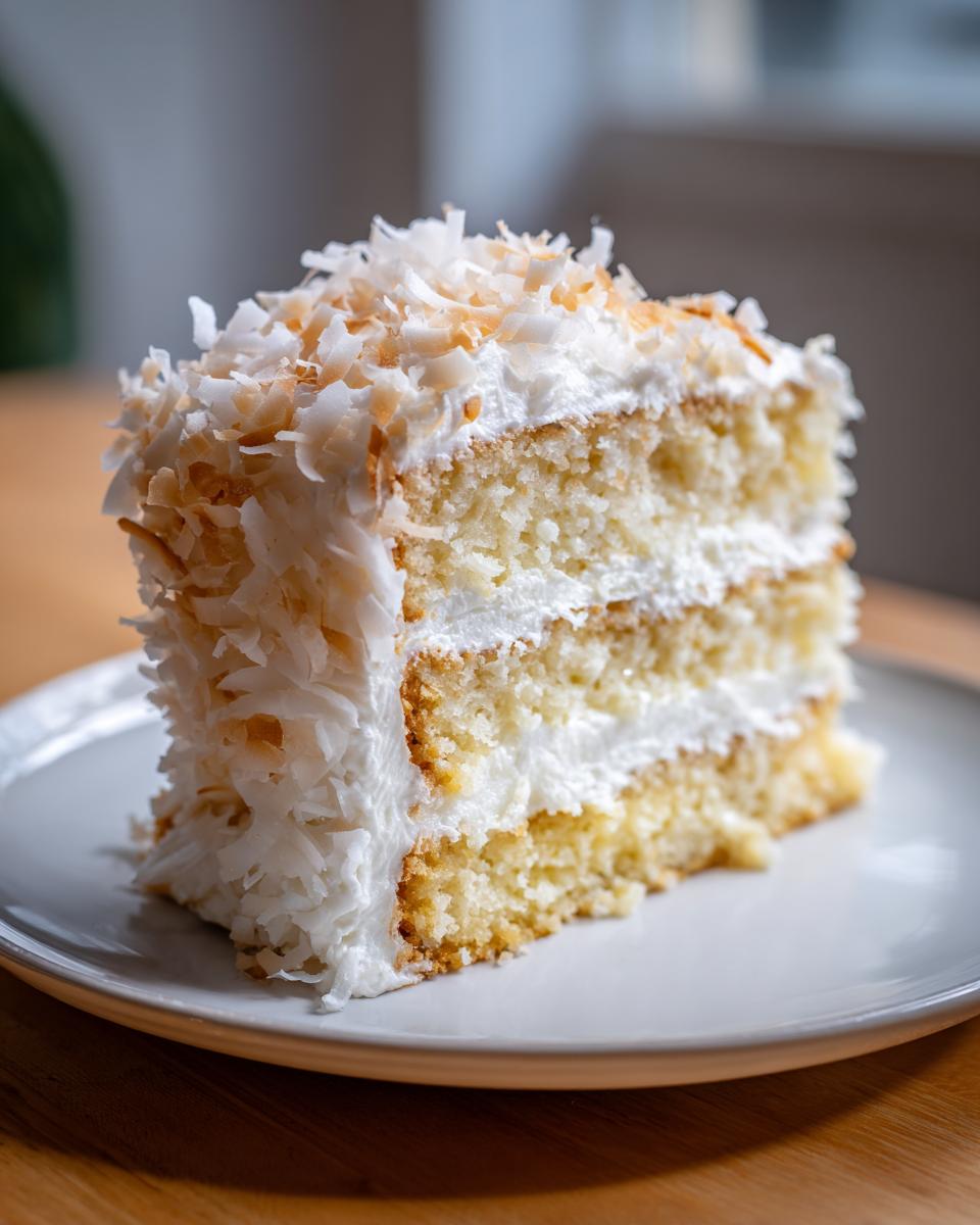 A tall, moist slice of three-layer coconut cake covered in white frosting and toasted coconut flakes.