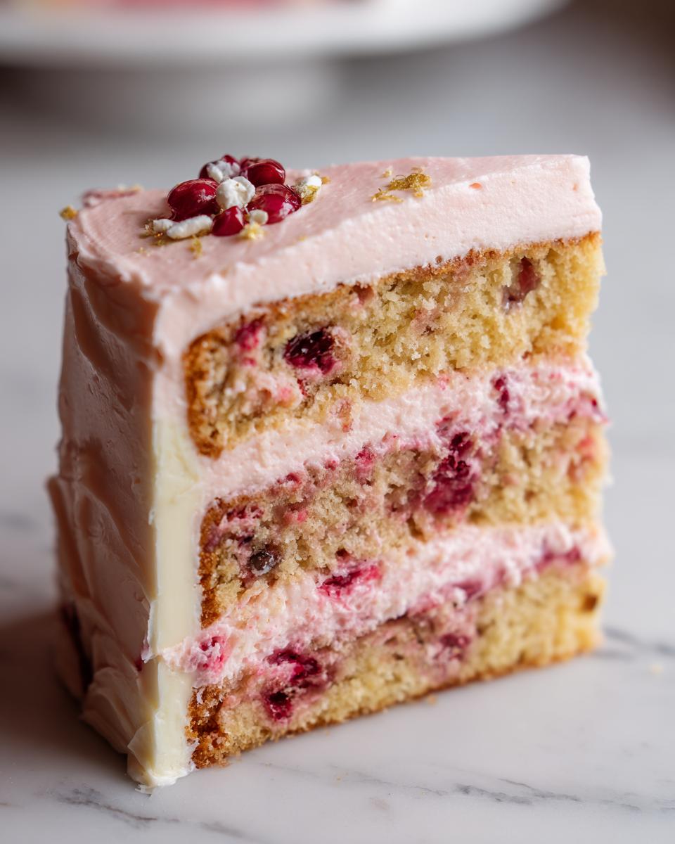 Close-up of a slice of layered Cherry cake showing cake layers, pink frosting, and visible fruit pieces.
