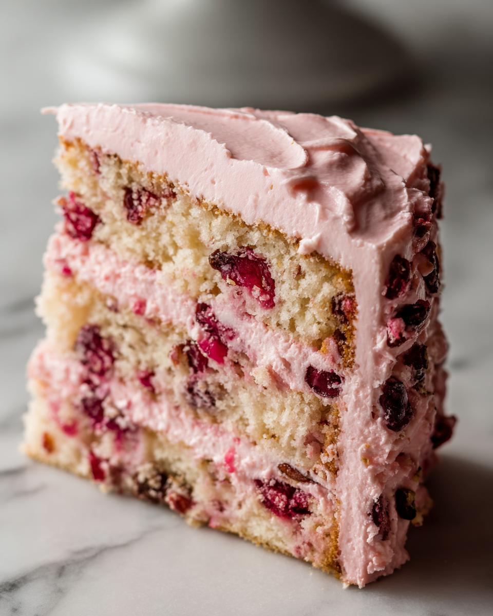 Close-up of a slice of layered cherry cake featuring white sponge, pink frosting, and visible dried or cooked cherries throughout.