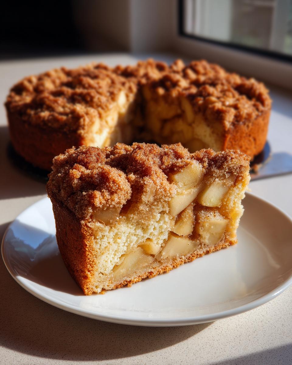 A close-up slice of moist apple crumb cake showing tender apples baked into the base, with a thick cinnamon streusel topping.