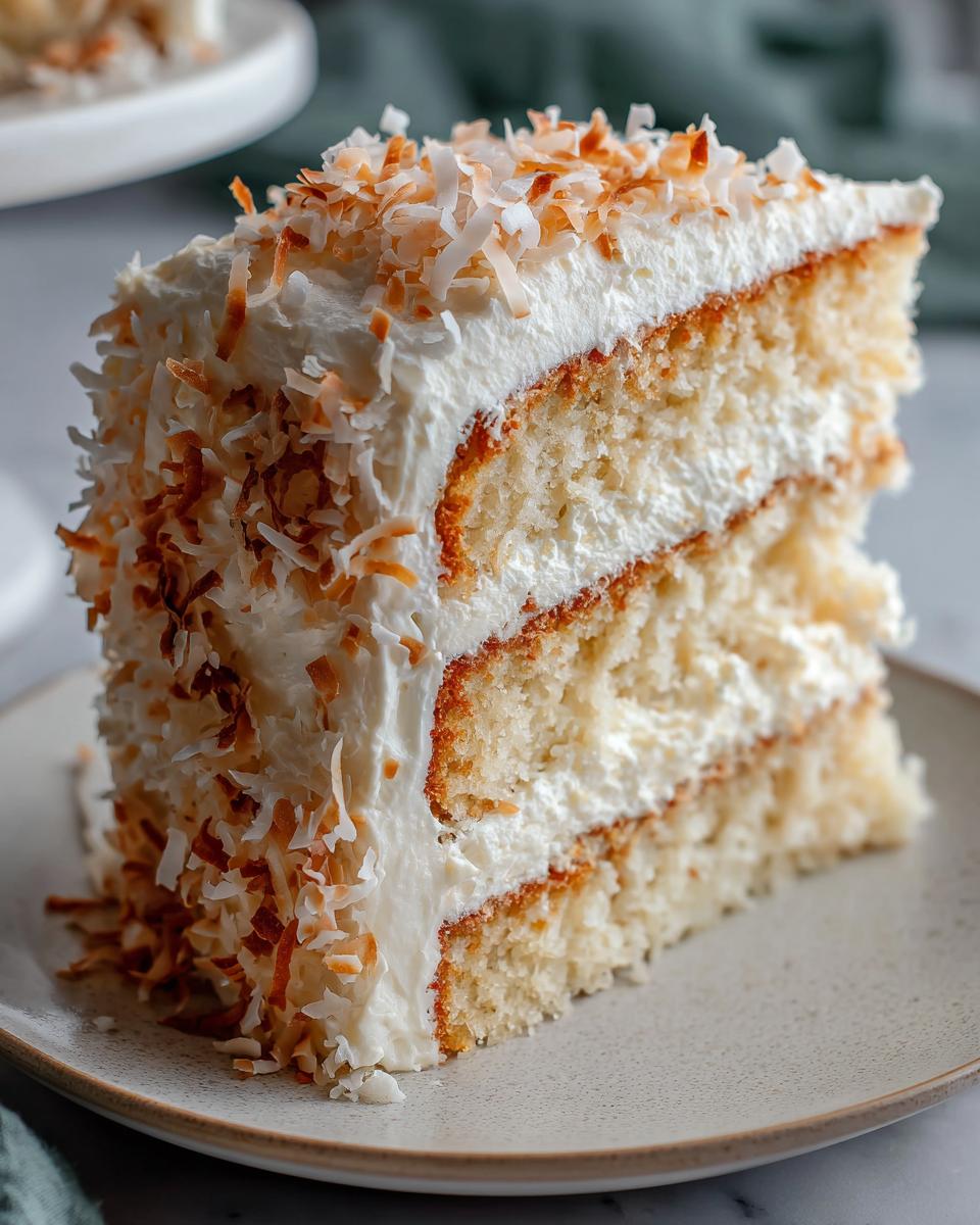 Close-up of a moist slice of layered coconut cake covered in white frosting and toasted coconut flakes.