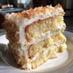 A close-up of a moist slice of coconut cake layered with white frosting and topped with toasted coconut flakes.