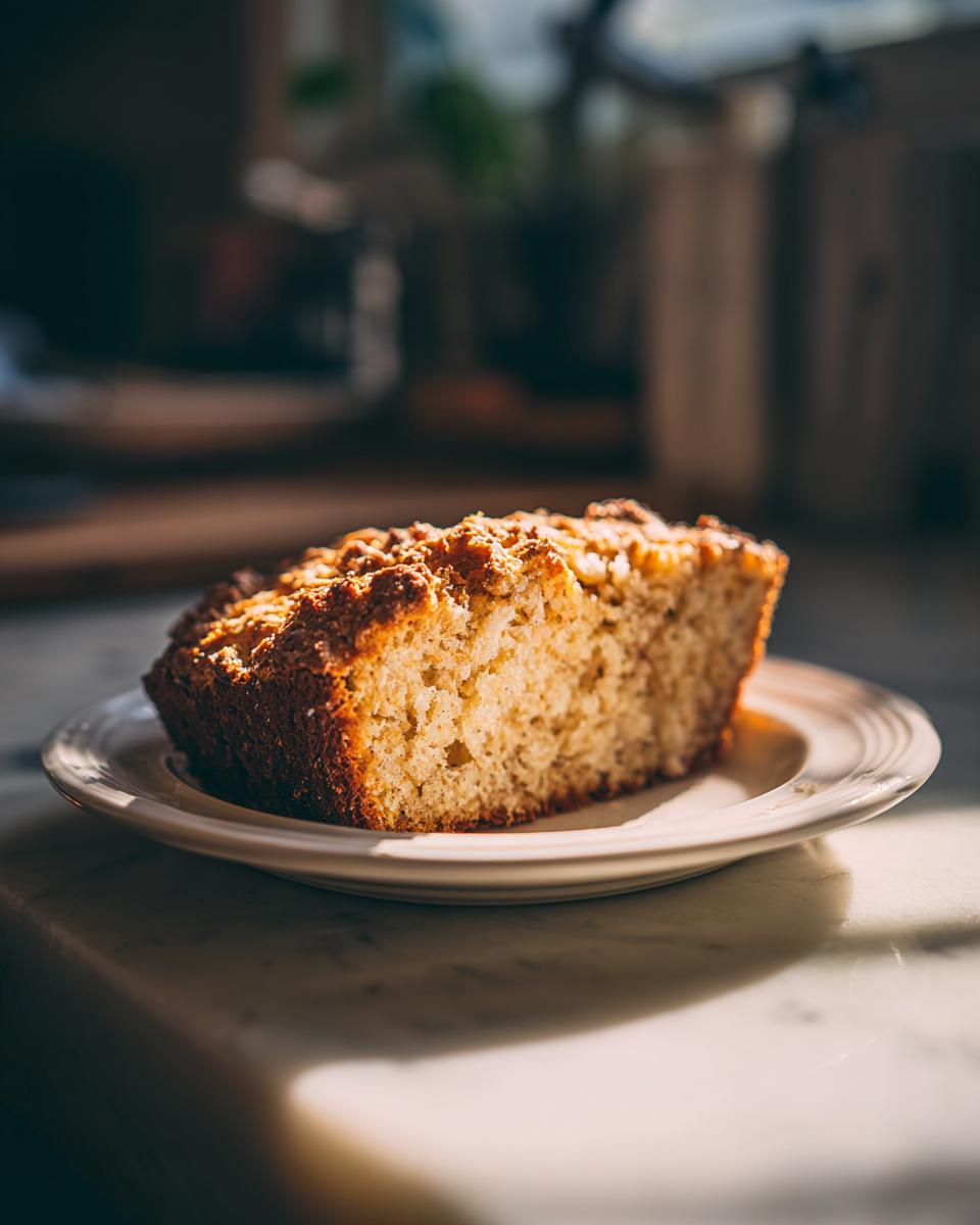 A close-up of a thick slice of golden brown soda bread with a crumbly top, served on a small white plate.