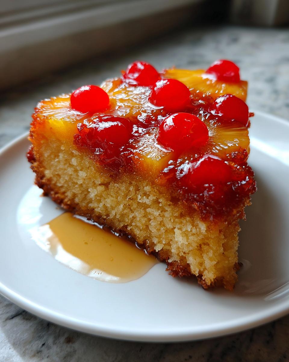 A moist slice of pineapple upside down cake topped with caramelized pineapple rings and bright red maraschino cherries.