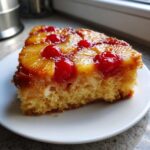 A close-up of a moist slice of pineapple upside down cake topped with caramelized pineapple rings and bright red maraschino cherries.