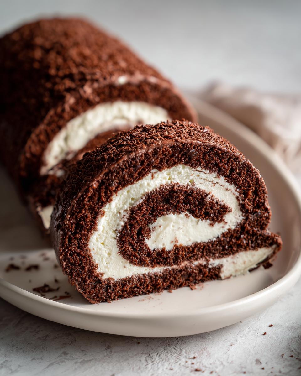 Close-up of a sliced chocolate yule log cake showing the dark chocolate sponge rolled with white cream filling.