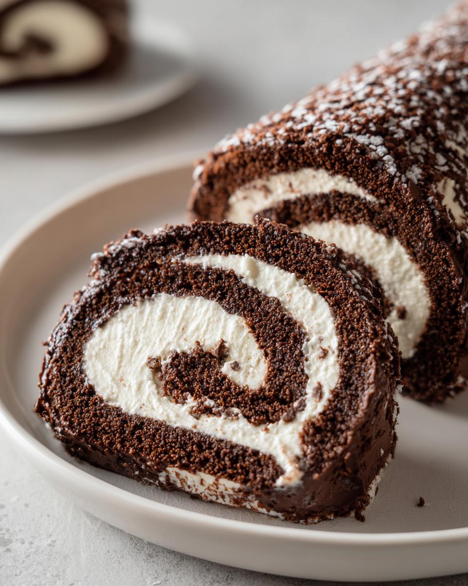 A close-up of a sliced chocolate yule log cake showing the rich dark swirl of cake and white cream filling, dusted with coconut flakes.